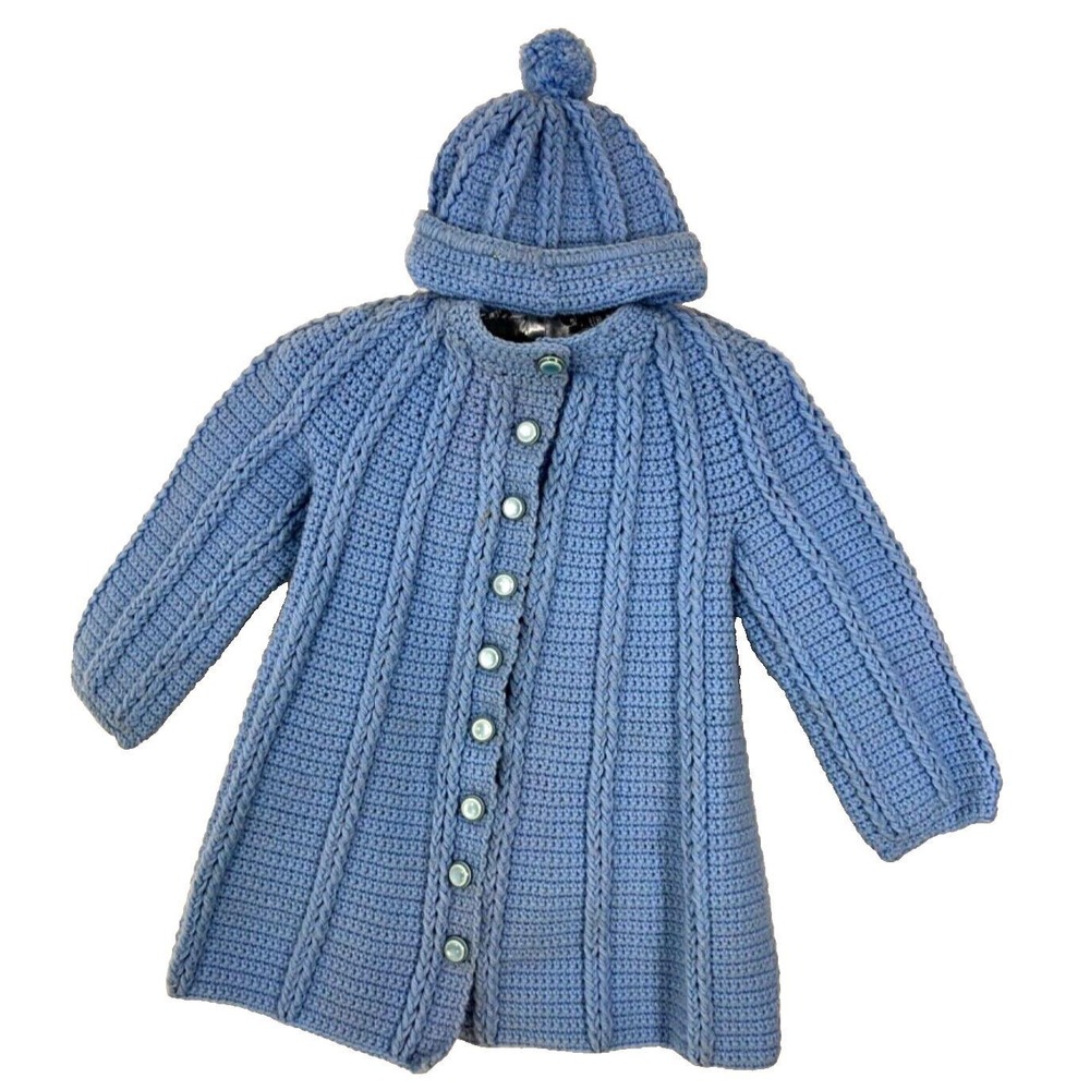 Hand Crocheted Cardigan Jacket Blue With Beanie Hat 22"Lx13.5"W